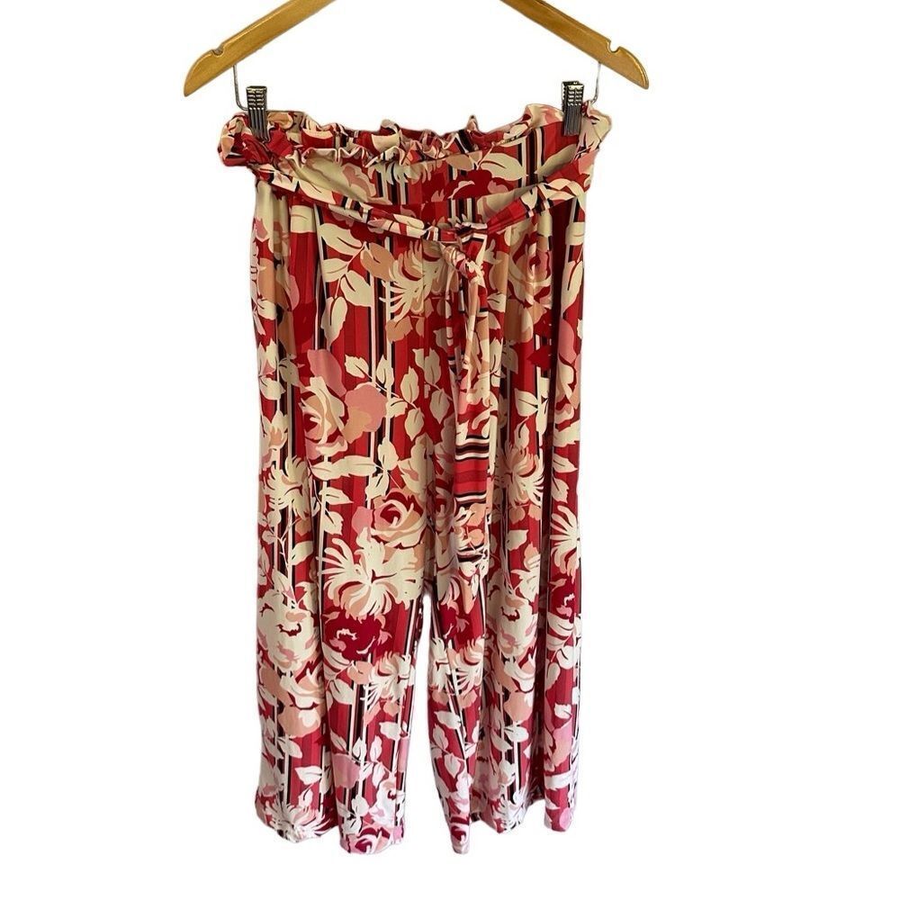 Robert Louis Floral Wide Leg Pants Womens Size L Pink Red Stretchy Dressy Lounge